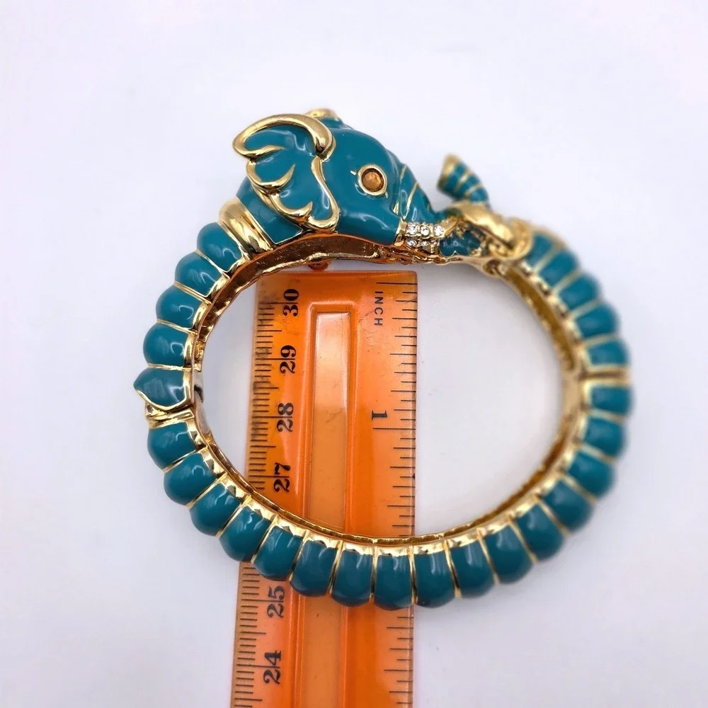 VTG Kenneth Jay Lane KJL Teal Enamel Elephant Hinge Bangle Bracelet Gold Tone - Picture 7 of 9